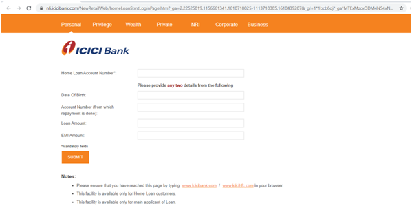 Apply For ICICI Bank Home Loan Statement
